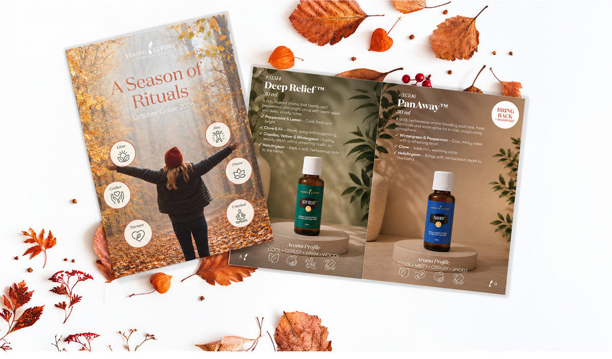 Two printed wellness brochures or flyers laid on a white background with scattered autumn leaves. The left brochure reads "A Season of Rituals" and shows a person standing in a forest.